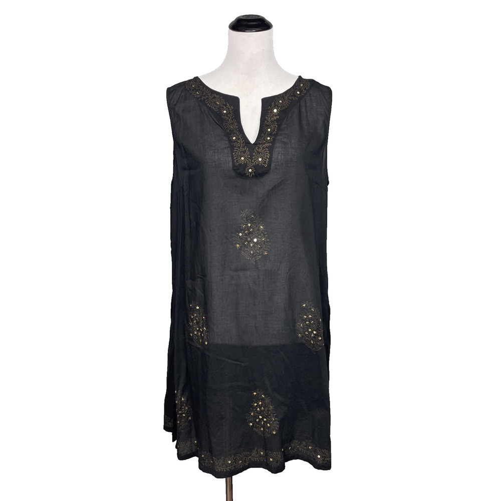 Peppermint Bay Womens XL Black Embroidered Sequin Cotton Sleeveless Tunic Top